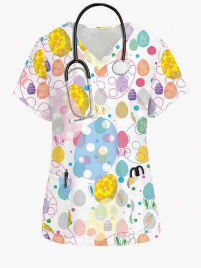 PopScrub 彩色线条设计卡通复活节彩蛋图案护士服上衣，V领短袖工作服，女士医疗保健工作服，复活节套装