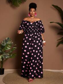 Maweii Plus Size Off-Shoulder Polka Dot Drawstring Waist Short Sleeve Jumpsuit - Black - View 3