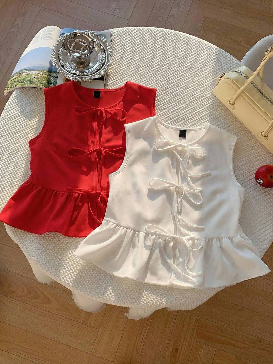 Blusa sin mangas con decoración de lazo de unicolor para niña preadolescente - Multicolor - Ver 1