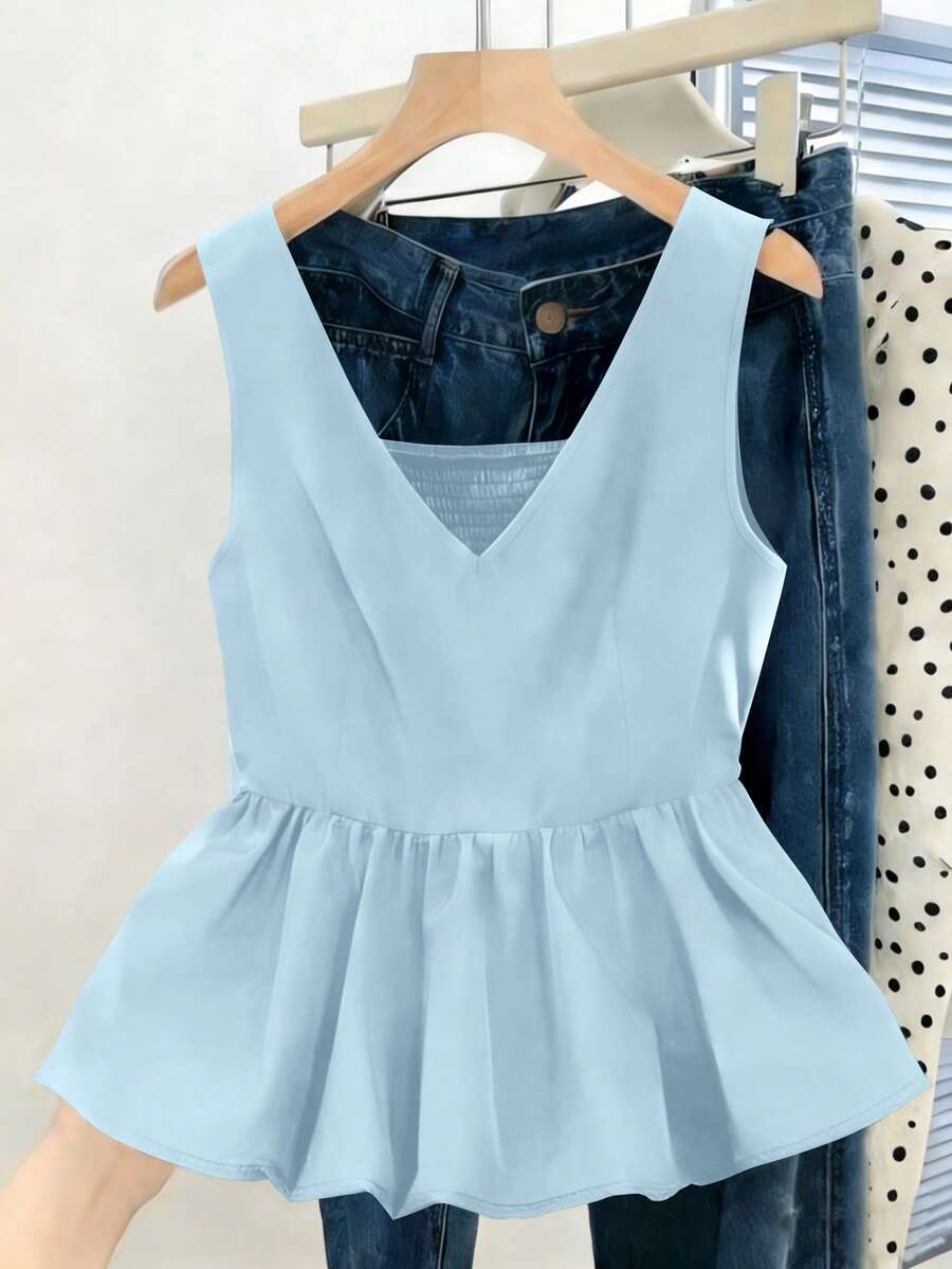 SHEIN Franclia 女士褶皱时尚工作通勤派对毕业日常修身吊带背心 - 淺藍色 - 查看 1