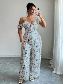 Selianne Women's Plus Size Floral Print Off-Shoulder Ruffle Jumpsuit,Light Blue Summer Boho Tea Party Wide Leg Spaghetti Strap Casual Romper Outfit - Blue - View 5