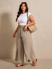 Elaquor Plus Size Women Solid Color Waist Tie Loose Leg Pants For Vacation - Khaki - View 5