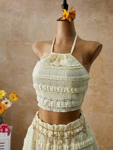 Zolique Women's Lace Trim Casual Elegant Sleeveless Top And Mini Skirt Set - Yellow - View 6