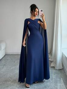 SHEIN Franclia 女士优雅雪纺拼接收腰长袍 - 藏蓝色 - 查看 6
