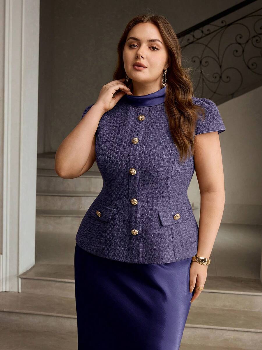 ZEYLAH Set de 2 piezas: Top elegante de patchwork de tweed y falda de sirena de satén - Azul Marino - Ver 1