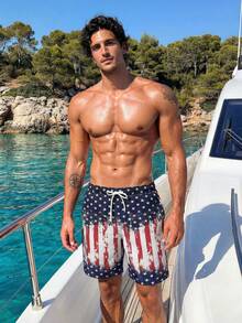 Manfinity Swimmode Men's Independence Day American Flag Print Beach Shorts,Quick Dry Drawstring Swim Trunks,Blue And White Striped Summer Tropical Vacation Bathing Suit - Blue and White - View 4
