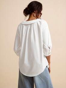 LOTSLUV 女士宽松休闲白色纯棉短袖衬衫，春夏款 - 白色 - 查看 2