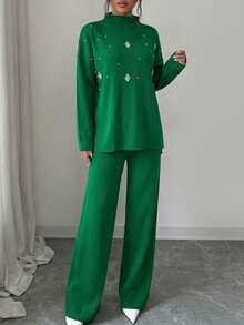 SHEIN Cottnline Ensemble De Tricots Ornés De Perles Pour Femme 2 Pièces - Vert - Voir 3