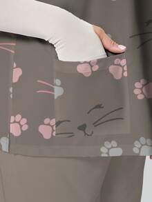 PopScrub Cute Animal Expression & Paw Print Minimalist Line Art Cartoon Print V-Neck Short Sleeve Pocket Ear Loop Split Design Plus Size Scrub Top, Spring/Summer Nurse Uniform - Multicolor - View 3