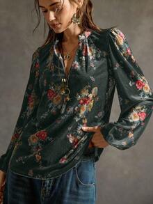 SoleilVie 女士V领黑色丝绒碎花衬衫 - 墨綠色 - 查看 3