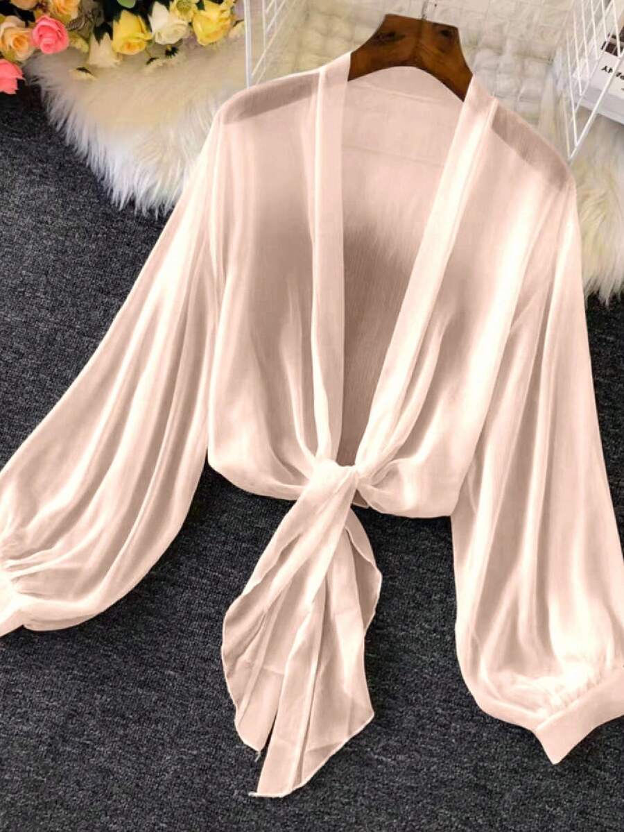 Resyla 女士轻薄灯笼袖系带和服开衫，夏季 - 淺粉色 - 查看 1