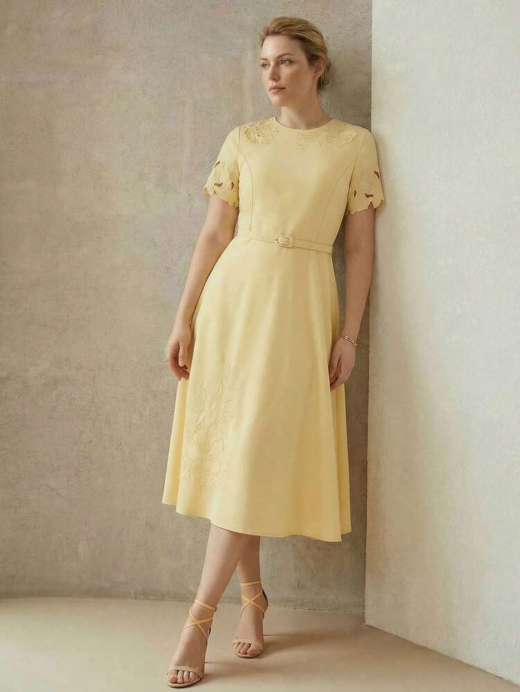 PLUS SIZE WOMEN LASER CUT EMBROIDERED FLORAL BUCKLE BELTED MID-LENGTH DRESS, SPRING/SUMMER