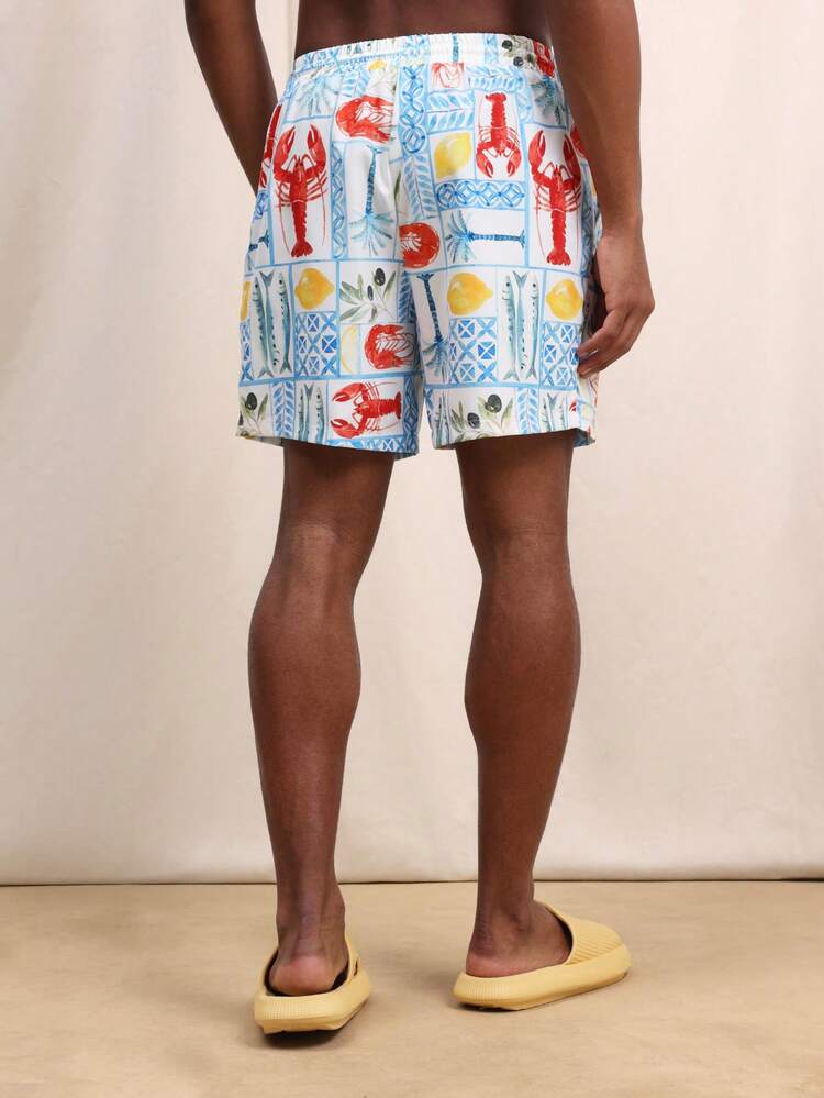 Pantaloncini da spiaggia da uomo con motivo a frutti di mare, pantaloncini da bagno estivi con stampa di aragoste e pesci, con coulisse in vita, abbigliamento da vacanza e resort, pantaloncini da nuoto casual
