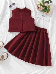 Tween Girl Solid Color Single-Breasted Vest And Mini Skirt Casual Set - Red - View 4