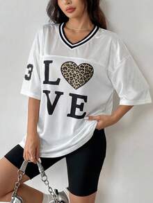 MainGRL 2026春夏新款Y2K街头风白色网眼宽松T恤，LOVE字母和豹纹爱心印花撞色滚边宽松女式上衣，夏季节日及日常休闲穿着，运动美学T恤 - 白色 - 查看 6