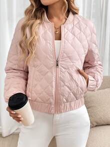 SHEIN LUNE Women's Solid Color Front Zip Up Pockets Minimalist Casual Jacket,Feathers& Down Coat - Pink - View 5