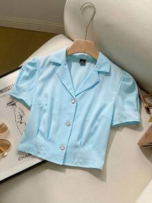 SHEIN Comfortcana Áo sơ mi cài cúc tay cánh hoa màu xanh nhạt, cổ bẻ, thích hợp cho mùa hè. - Màu xanh nhạt - Xem 4