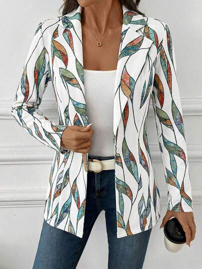 SHEIN Clasi 女士优雅几何印花西装外套，百搭日常长袖西装外套，经典格纹通勤外套，秋季女士西装外套，格纹西装外套，千鸟格西装外套，女士办公室西装外套，女士格纹秋季西装外套，适合外出、商务休闲、职业女性穿着，舒适的秋冬女装