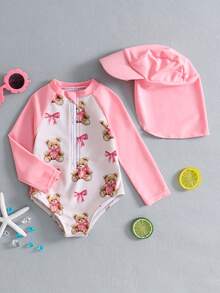 SHEIN Baby Girl Cartoon Bear Print Raglan Sleeve One-Piece Swimsuit With Swim Cap - Pink - View 1