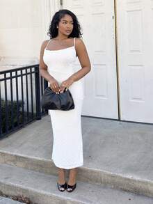 Alexandranx Elegant Romantic Apricot Spaghetti Strap V-Neck Fitted Textured Long Dress, Suitable For Valentine's Day And Wedding Season, Spring/Summer,Bodycon Dress,Boho Clothes Women - White - View 3