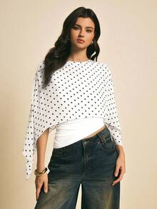 Poéselle 女士优雅波点印花拼接不对称下摆衬衫，夏季 - 白色 - 查看 4