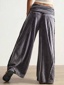 Bohemela 女士休闲纯色针织宽松阔腿水洗裤 - 深灰色 - 查看 2