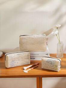 1pc/3pcs Elegant Lace Cosmetic Bag, Women's Large Capacity Waterproof Travel Makeup Organizer, Holiday Mesh Design Gift Pouch ,Makeup Bag - Beige - View 7