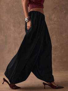 SHEIN BAE Quần Harem ống rộng, cạp chun, màu trơn dành cho nữ - màu đen - Xem 6