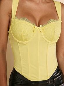 SHEIN BAE Elegant Solid Color Lace Patchwork Underwire Bralette - Yellow - View 3