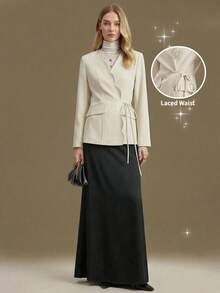 SHEIN X Scot Louie Ontre 2026春夏女士西装外套,适合度假及婚礼季,梭织面料,设计细节丰富,杏色,收腰设计,西装外套,独立日,都市时尚,简约通勤风,优雅女士外套,不对称设计,度假及婚礼宾客着装,办公室/教师,百搭女士西装外套 - 杏色 - 查看 7