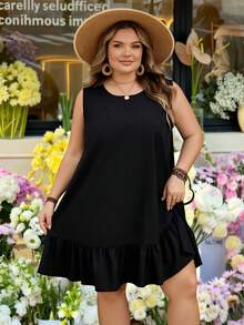 SHEIN CURVE+ Curve 尺码 US22 音乐节、海滨度假、波西米亚风女士露背圆领纯色荷叶边下摆无袖复古夏季休闲连衣裙，黑色 - 黑色 - 查看 6