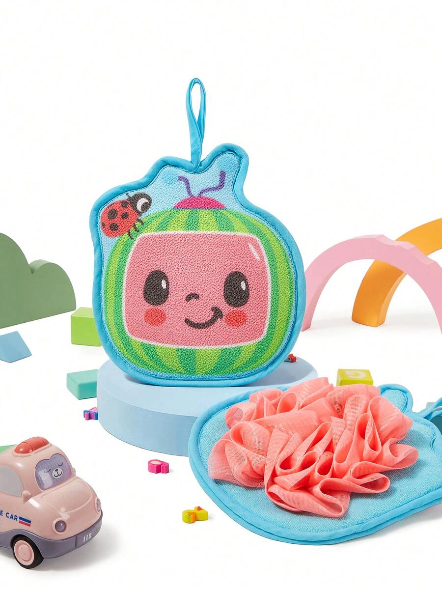 CoComelon X SHEIN 1Pc Printed Bath Towel Gloves, Available On Both Sides, One Side Foaming And One Side Rubbing, Strong Cleaning Power, Can Be Used By Adults And Children - Pink - View 1