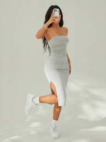 SHEIN PETITE Two Pieces Set Knitted Split Strapless Dress,Summer Dresses For Women - Grey - View 7