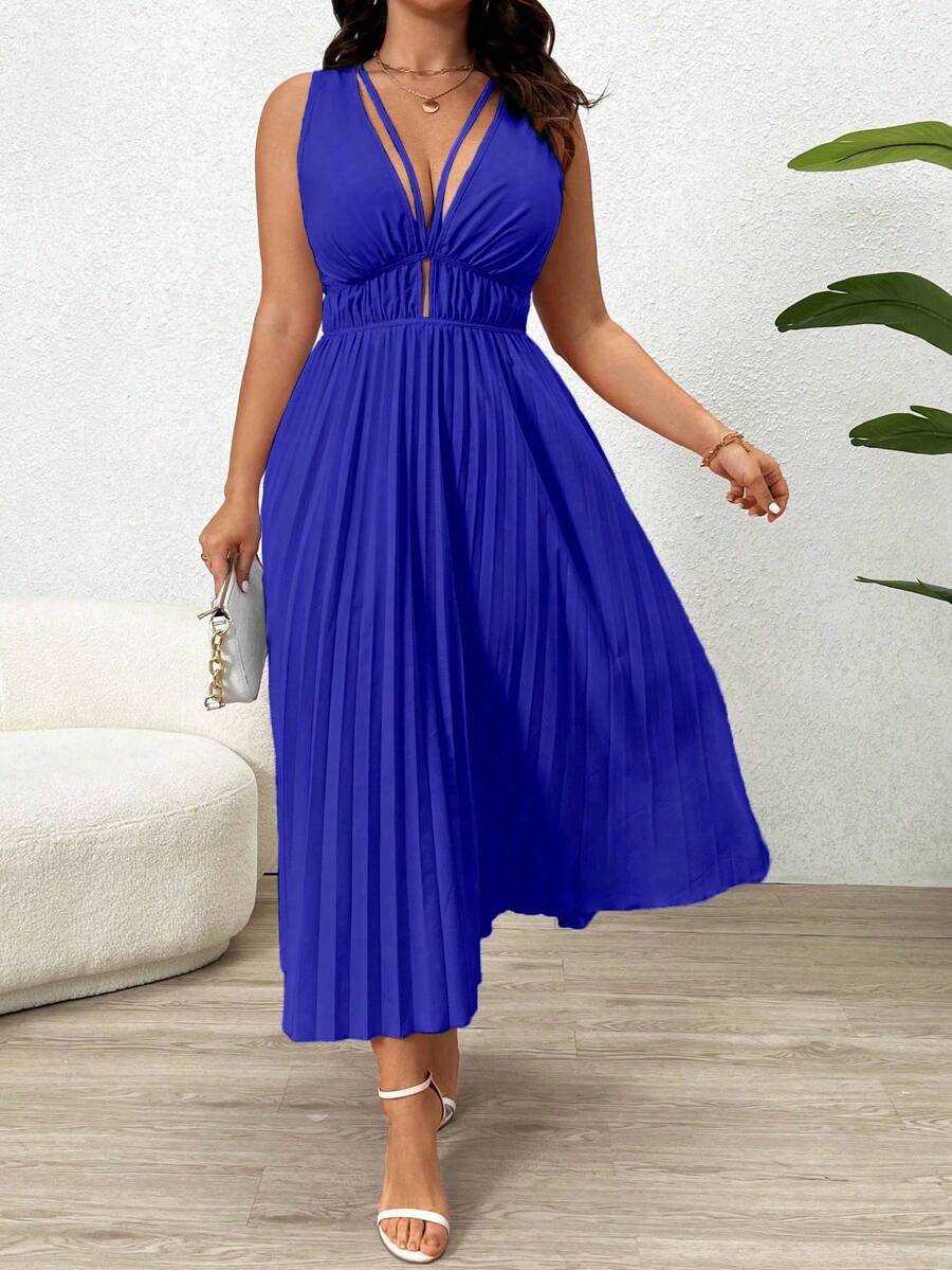 SHEIN Clasi Đầm maxi dài không tay, màu trơn, buộc dây sau, xếp ly, khoét lỗ dành cho nữ, cỡ lớn. - Xanh đậm - Xem 1