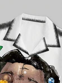 ROMWE MEN Street Life Men's Summer Portrait Graphic Front Button Short Sleeve Shirt - Multicolor - View 3