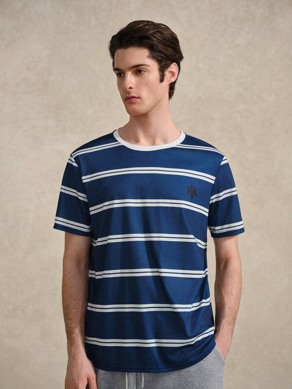 Manfinity Joysei 男士简约蓝色条纹圆领短袖T恤 Tenniscore