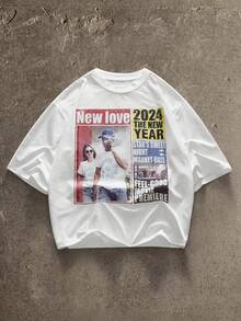 AXEPEAK Standard Size Men's Short White Boxy Newspaper Graphic T-Shirt, Summer - White - View 2