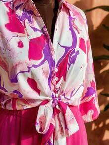 SHEIN CURVE+ Bộ áo sơ mi và quần dáng rộng phối màu tương phản, cỡ lớn, phong cách thường ngày. - Nhiều màu - Xem 4