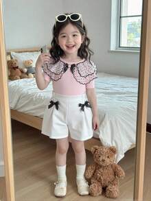 2pcs/Set Young Girls Cute Sweet Polka Dot Ruffle Collar T-Shirt And Elastic Waist 3D Bow Skort, Casual & Fashionable Summer Outfit For Little Girls - Pink - View 5