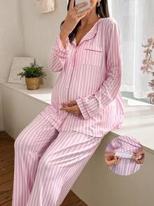 Moonlight&Mama Bộ đồ bà bầu tay dài in họa tiết sọc túi ngực trang trí ve áo và quần dài, mùa đông - Hồng - Xem 1