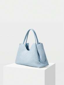 MOTF PREMIUM TAS TOTE WANITA, TAS TANGAN PU TENUN EMBOSSED YANG INDAH, COCOK UNTUK PERJALANAN SEHARI-HARI KE TEMPAT KERJA - Baby Blue - View 2