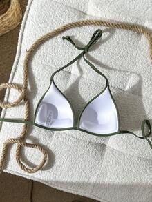 SHEIN Swim Women's Jacquard Fabric Halter Bikini Top, Spring/Summer - Army Green - View 3