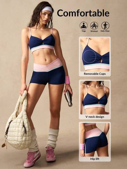 VARSIVA Blue & Pink Ombre Cropped Camisole & Shorts Sports Set
