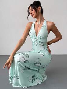 Firerie 女士优雅浪漫约会之夜派对生日聚会假日度假婚礼宾客圣帕特里克节V领露背印花修身A字长裙，绿色 - 綠色 - 查看 8