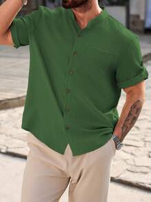 Manfinity Homme Plus Size Men's Solid Color Single-Breasted Casual Pocket Short Sleeve Shirt - Green - View 3