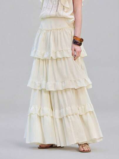 Ontre 2026 Women's Elegant Solid Color Multi-Layer Ruffle Hem Skirt, Spring/Summer All Season Modern Urban Casual Fashion Business Casual Women's Office Wear Low-Key Old Money Style Effortless Temperament High-End Urban Commuting High-Quality Airport Women's Wear High-End Material Beach Clothing, All Season  Ins Celebrity Same Style Vacation Style, Exotic Atmosphere, Country Concert, Western Style Clothing, High-Grade Fabric, Comfortable And Breathable Bohemian Style Vacation Wear