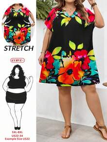 SHEIN CURVE+ Curve 尺码 US22 音乐节、海滨度假、波西米亚风印花 V 领蝙蝠袖休闲印花连衣裙，夏季 - 黑色 - 查看 1