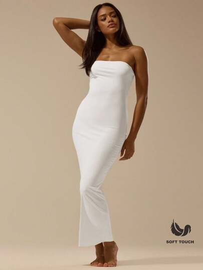 MUSERA ESSENTIALS Soft Touch Bandeau Fitted Dress Basic Spring Summer Cute Casual Vacation White Dresses For Women Ibiza Beach Night Out Elegant Back To School Date Night Casual Dress Summer Outfit Bridal Bachelorette Hen Do Wedding