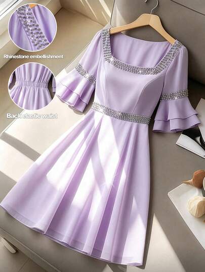 GlowEve CURVE Plus Size Women's Elegant Solid Color Chiffon Rhinestone Decor Square Neck Ruffle Sleeve A-Line Short Dress, Suitable For Dates