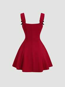 Sweetra 女士新年、万圣节、圣诞节、感恩节服装，红色连衣裙，适合派对、通勤、日常、旅行、度假 - 红色圣诞连衣裙、红色派对连衣裙、夏季连衣裙，优雅连衣裙，撞色领口、蝴蝶结装饰、不对称肩部设计、A字裙摆 - 紅色 - 查看 2